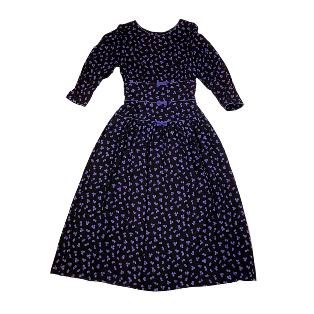 Vintage Maxi Dark Floral Dress 80s 90s Black Purple Flowers Bows SZ Medium